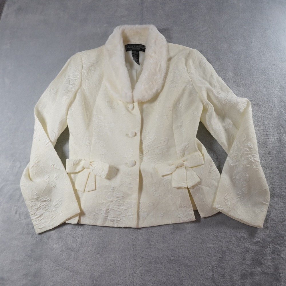 Vintage Y2K Coquette Fur Collar Evening Jacket 10 M Ivory Bows Soft Girl Blazer